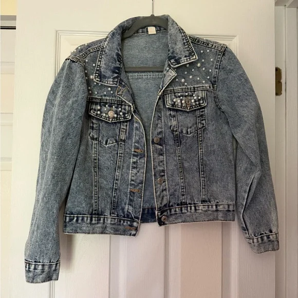 Denim Bride Jacket with Pearl Accents - Picture 2 of 3
